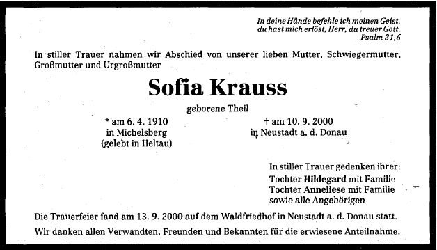 Theil Sofia 1910-2000 Todesanzeige